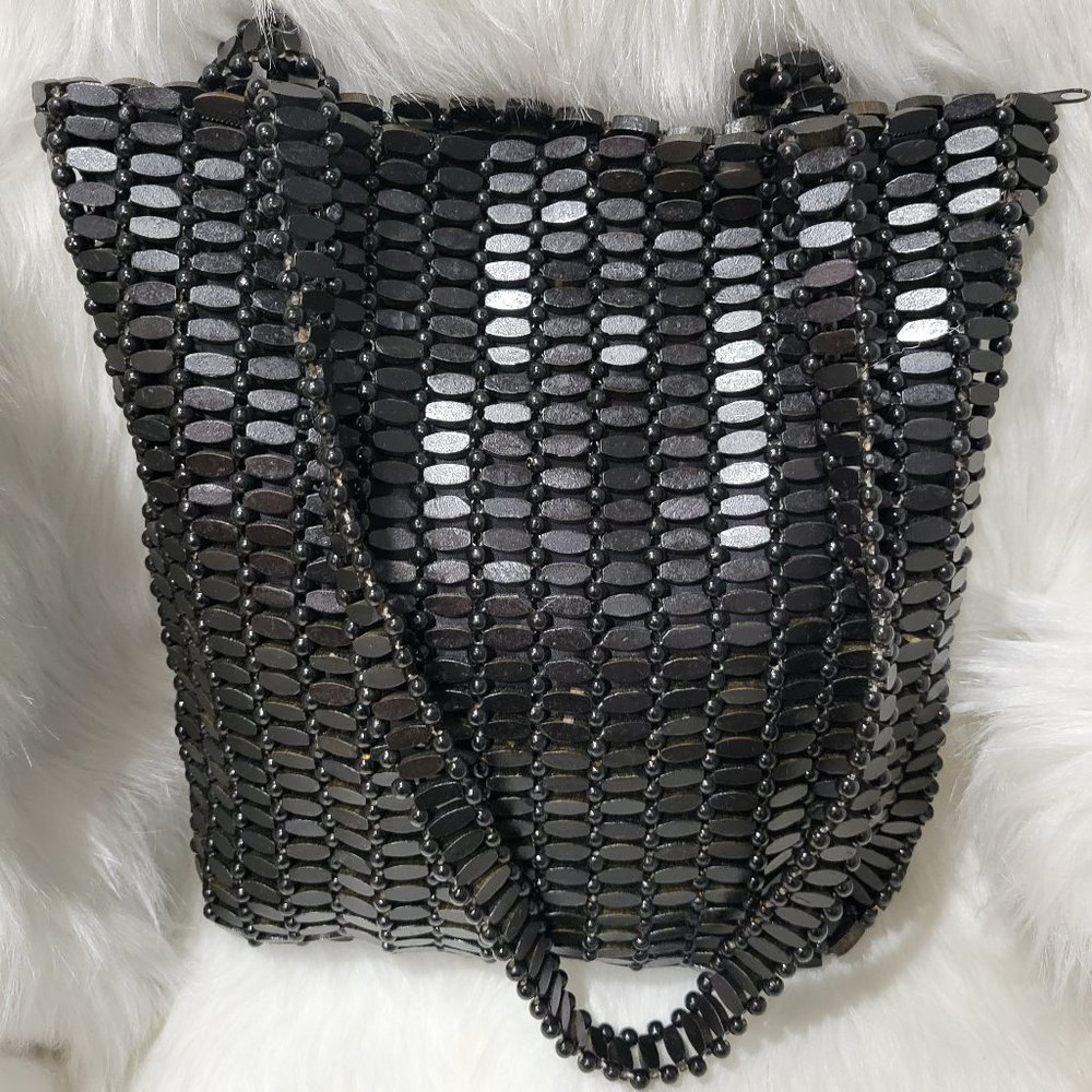 Black Beaded Large Shoulder Bag Purse